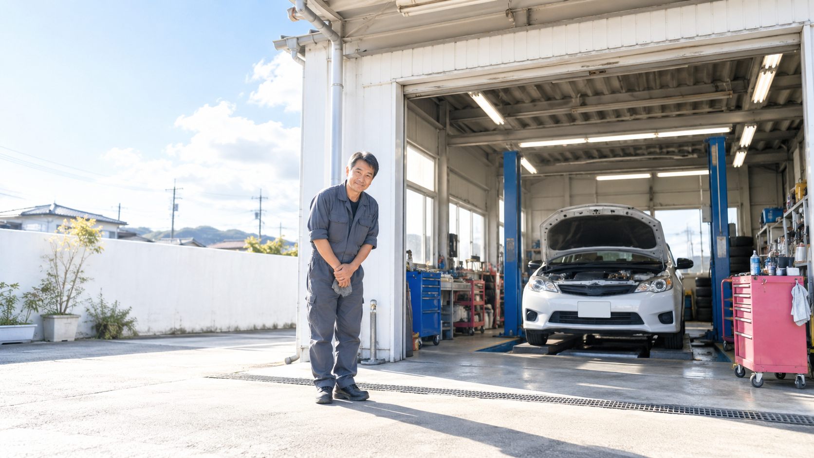 整備工場の前に立つ作業着姿の整備士と、ピットに入った作業中の車
