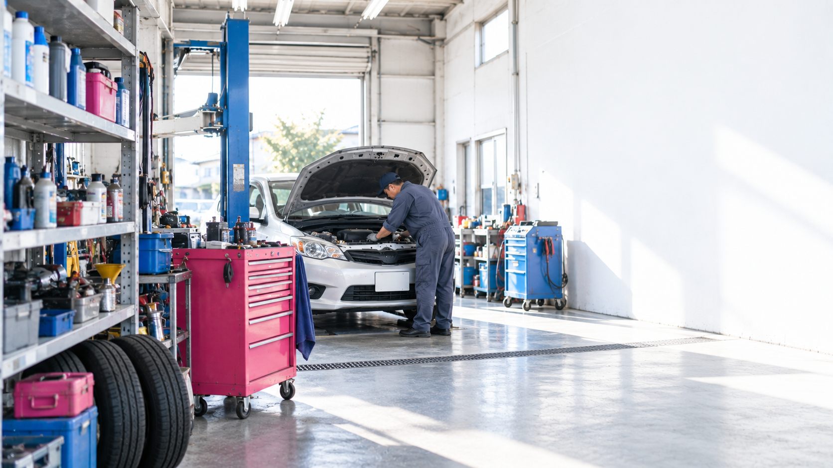 工具棚が並ぶ整備工場で、ボンネットを開けた車を点検する整備士