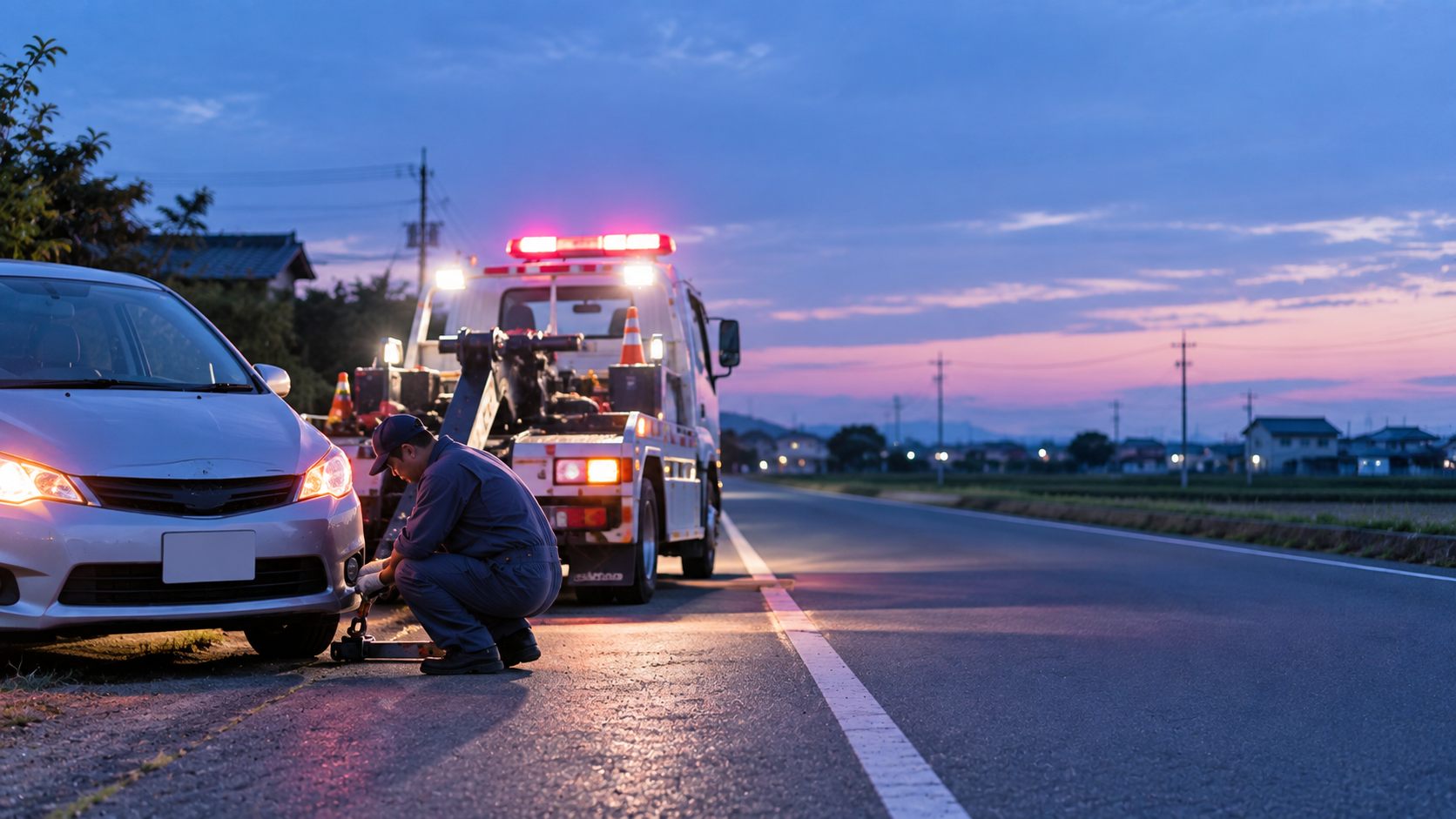 夕方の道路脇で、走行不能になった車の引き取り準備をする整備士とレッカー車