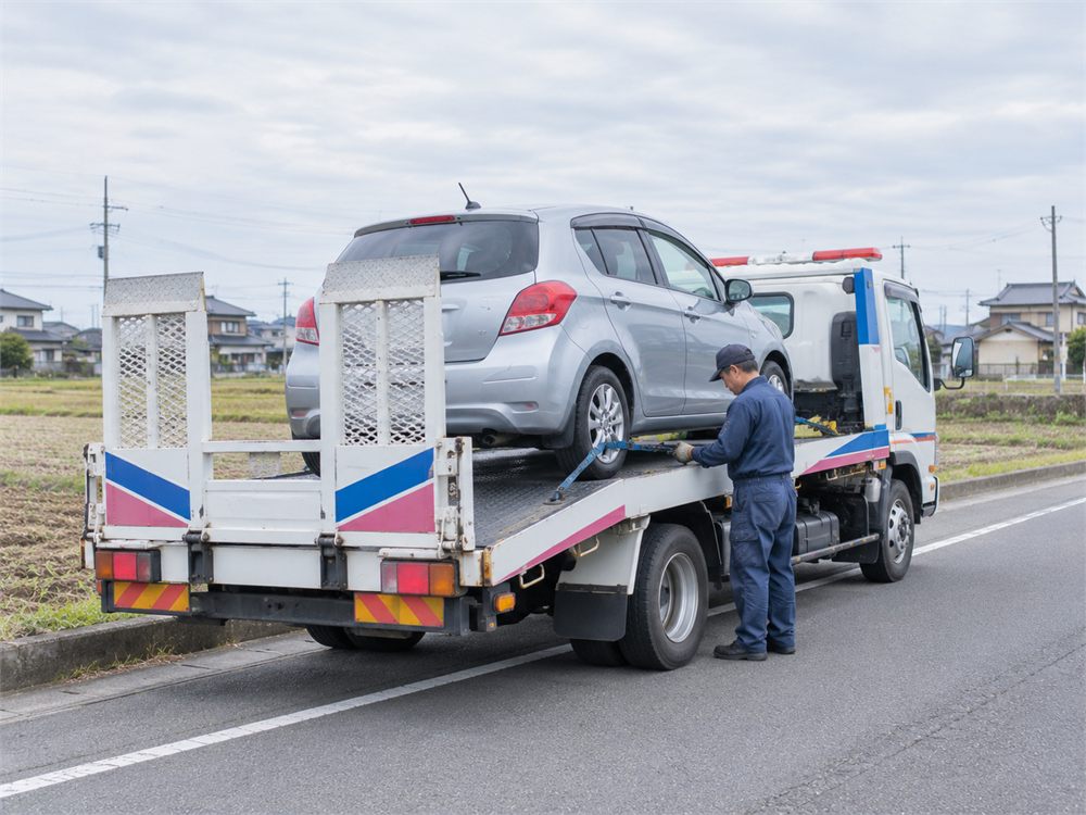 積載車に乗用車を載せ、固定用ベルトを確認する整備士