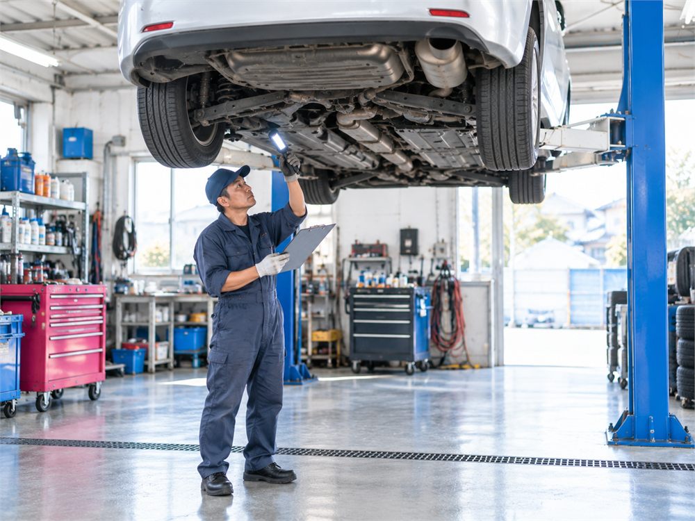 リフトに上げた車の下回りを点検する整備士