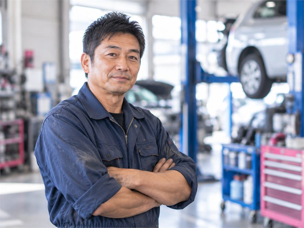 ピットを背に立つ作業着姿の整備士