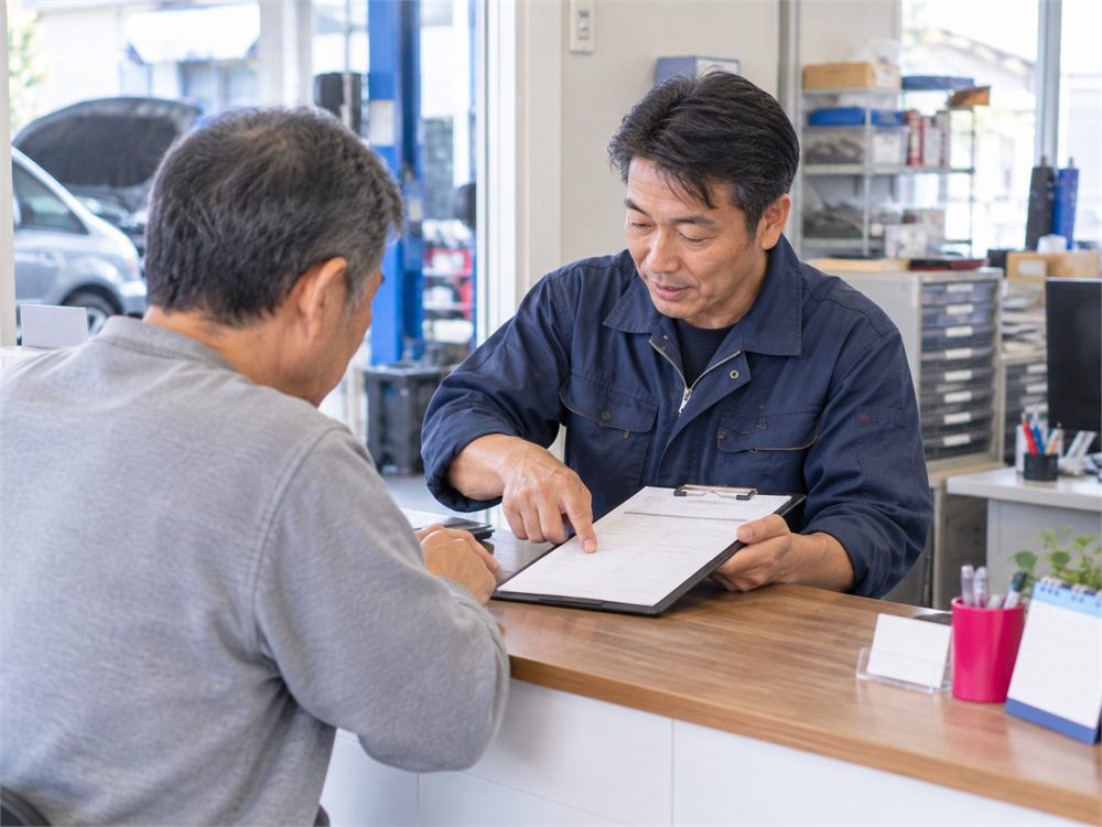 受付カウンターで来店したお客様に書面を示しながら説明する整備士